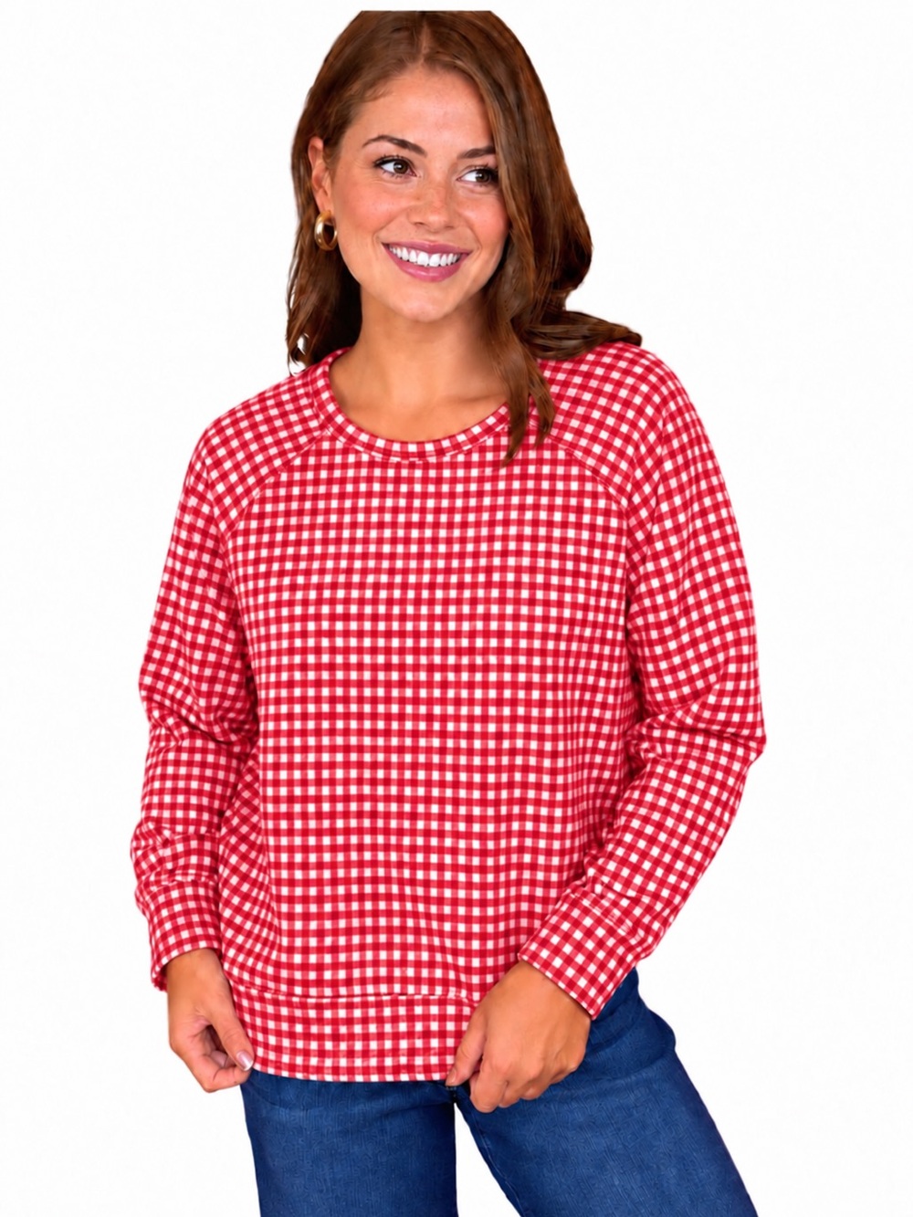 New Umgee Red & White Gingham Relaxed Fit Farmhouse Style Pullover Sweatshirt